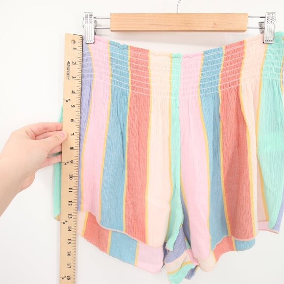 O'Neill Shorts Blue Colorful Striped Smocked Waistband Lightweight High Waisted - Picture 3 of 12